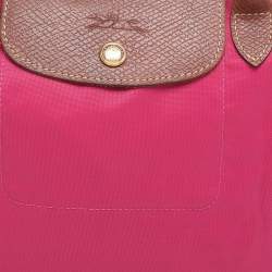 Pre Owned Longchamp Pink/Brown Nylon and Leather Small Short Le Pliage Tote