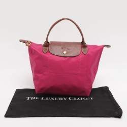 Pre Owned Longchamp Pink/Brown Nylon and Leather Small Short Le Pliage Tote