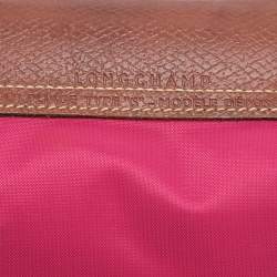 Pre Owned Longchamp Pink/Brown Nylon and Leather Small Short Le Pliage Tote