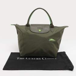 Pre Owned حقيبة يد لونج شامب "لو بلياغ" نايلون وجلد أزرق كحلي وبني صغيرة قصيرة