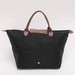 Pre Owned Longchamp Brown/Black Nylon and Leather Medium Short Le Pliage Tote