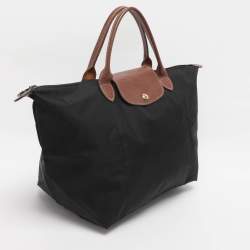 Pre Owned Longchamp Brown/Black Nylon and Leather Medium Short Le Pliage Tote