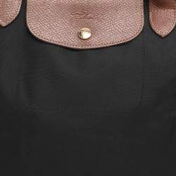 Pre Owned Longchamp Brown/Black Nylon and Leather Medium Short Le Pliage Tote