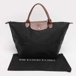 Pre Owned Longchamp Brown/Black Nylon and Leather Medium Short Le Pliage Tote