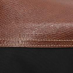 Pre Owned Longchamp Brown/Black Nylon and Leather Medium Short Le Pliage Tote