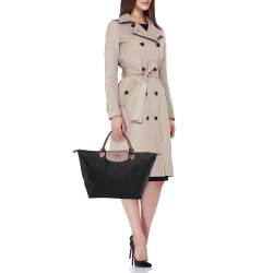 Pre Owned Longchamp Brown/Black Nylon and Leather Medium Short Le Pliage Tote