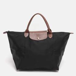 Pre Owned Longchamp Brown/Black Nylon and Leather Medium Short Le Pliage Tote