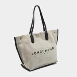 Pre Owned Longchamp White/Black Canvas and Leather Large Essential Tote