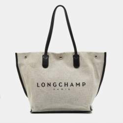 Pre Owned Longchamp White/Black Canvas and Leather Large Essential Tote