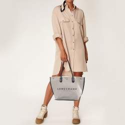 Pre Owned Longchamp White/Black Canvas and Leather Large Essential Tote
