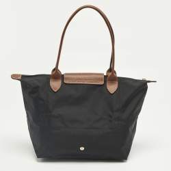 Pre Owned Longchamp Black/Brown Leather and Nylon Le Pliage Tote