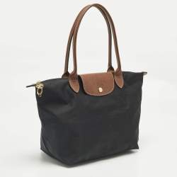 Pre Owned Longchamp Black/Brown Leather and Nylon Le Pliage Tote