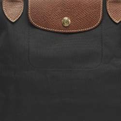 Pre Owned Longchamp Black/Brown Leather and Nylon Le Pliage Tote