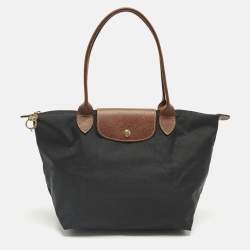 Pre Owned Longchamp Black/Brown Leather and Nylon Le Pliage Tote