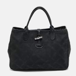 Pre Owned Longchamp Roseau Black Jacquard Canvas Tote