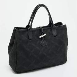 Pre Owned Longchamp Roseau Black Jacquard Canvas Tote