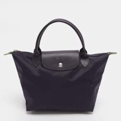 Pre Owned Longchamp Le Pliage Purple Leather and Nylon Tote