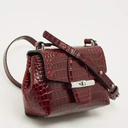 مملوكة مسبقًا Longchamp Roseau Mini Burgundy Croc Embossed Leather Crossbody Bag