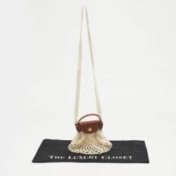 Pre Owned حقيبة كروس لونشان لي بلاج صغيرة جلد بني وأبيض شبكي