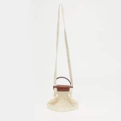 Pre Owned حقيبة كروس لونشان لي بلاج صغيرة جلد بني وأبيض شبكي