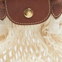 Pre Owned حقيبة كروس لونشان لي بلاج صغيرة جلد بني وأبيض شبكي