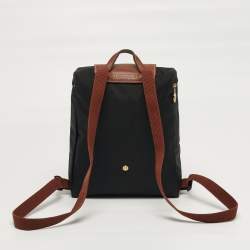 Pre Owned Longchamp Le Pliage Black/Brown Nylon and Leather Backpack
