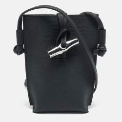 Pre Owned Longchamp Le Roseau Black Leather Phone Crossbody Bag