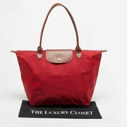 Pre Owned Longchamp Le Pliage Medium Red Nylon Tote