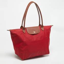 Pre Owned Longchamp Le Pliage Medium Red Nylon Tote
