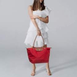 Pre Owned Longchamp Le Pliage Medium Red Nylon Tote