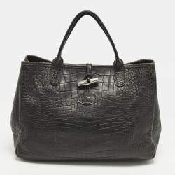 Pre Owned Longchamp Roseau Black Croc Embossed Leather Tote