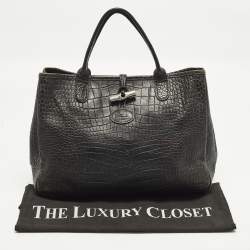 Pre Owned Longchamp Roseau Black Croc Embossed Leather Tote