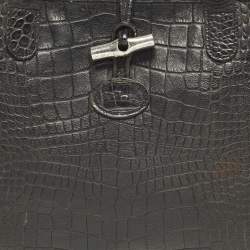 Pre Owned Longchamp Roseau Black Croc Embossed Leather Tote