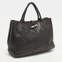 Pre Owned Longchamp Roseau Black Croc Embossed Leather Tote