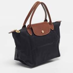 Pre Owned Longchamp Le Pliage Small Black Nylon and Leather Tote
