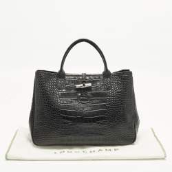 مملوكة مسبقًا Longchamp Roseau Black Croc Embossed Leather Tote