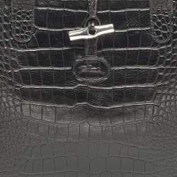 مملوكة مسبقًا Longchamp Roseau Black Croc Embossed Leather Tote