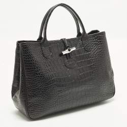 مملوكة مسبقًا Longchamp Roseau Black Croc Embossed Leather Tote