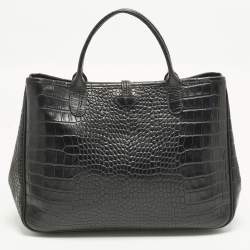 مملوكة مسبقًا Longchamp Roseau Black Croc Embossed Leather Tote