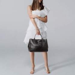مملوكة مسبقًا Longchamp Roseau Black Croc Embossed Leather Tote