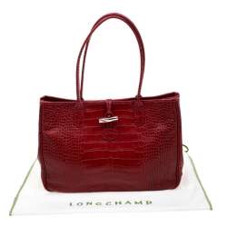 Pre Owned Longchamp Red Croc Embossed Leather Roseau Tote
