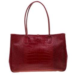 Pre Owned Longchamp Red Croc Embossed Leather Roseau Tote