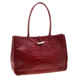 Pre Owned Longchamp Red Croc Embossed Leather Roseau Tote