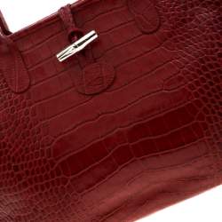Pre Owned Longchamp Red Croc Embossed Leather Roseau Tote