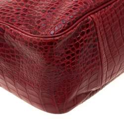 Pre Owned Longchamp Red Croc Embossed Leather Roseau Tote