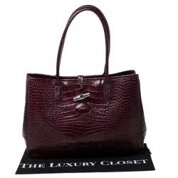 Pre Owned Longchamp Burgundy Crocodile Embossed Leather Roseau Tote