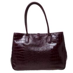 Pre Owned Longchamp Burgundy Crocodile Embossed Leather Roseau Tote