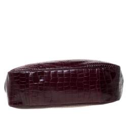 Pre Owned Longchamp Burgundy Crocodile Embossed Leather Roseau Tote