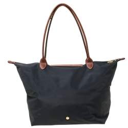Longchamp Dark Grey Nylon and Leather Medium Le Pliage Tote