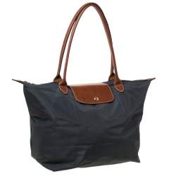 Longchamp Dark Grey Nylon and Leather Medium Le Pliage Tote